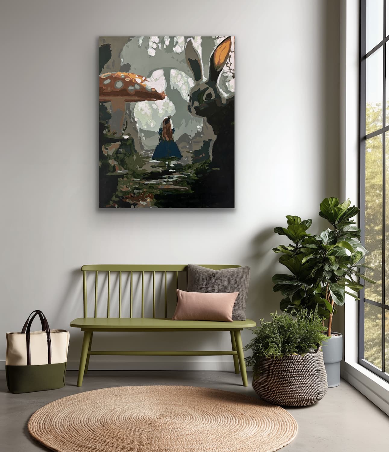 Alice in Wonderland painting shown mocked up on a wall