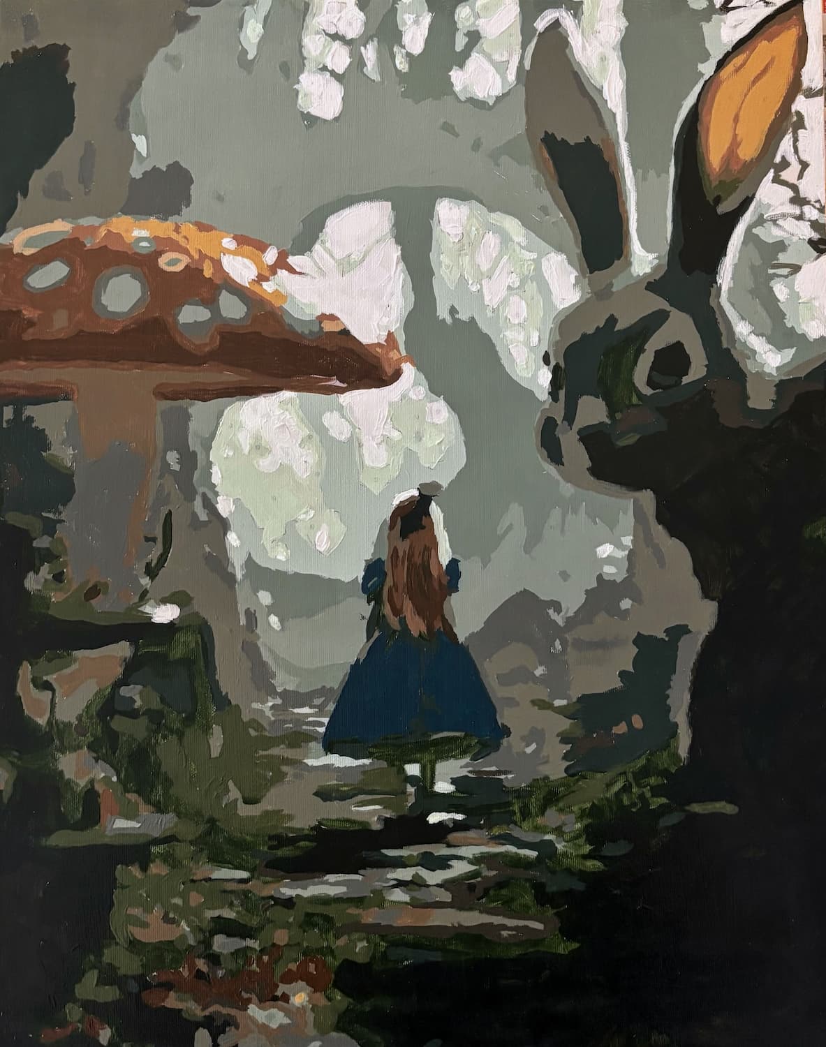 Finished paint-by-number of Alice in Wonderland, acrylic on canvas