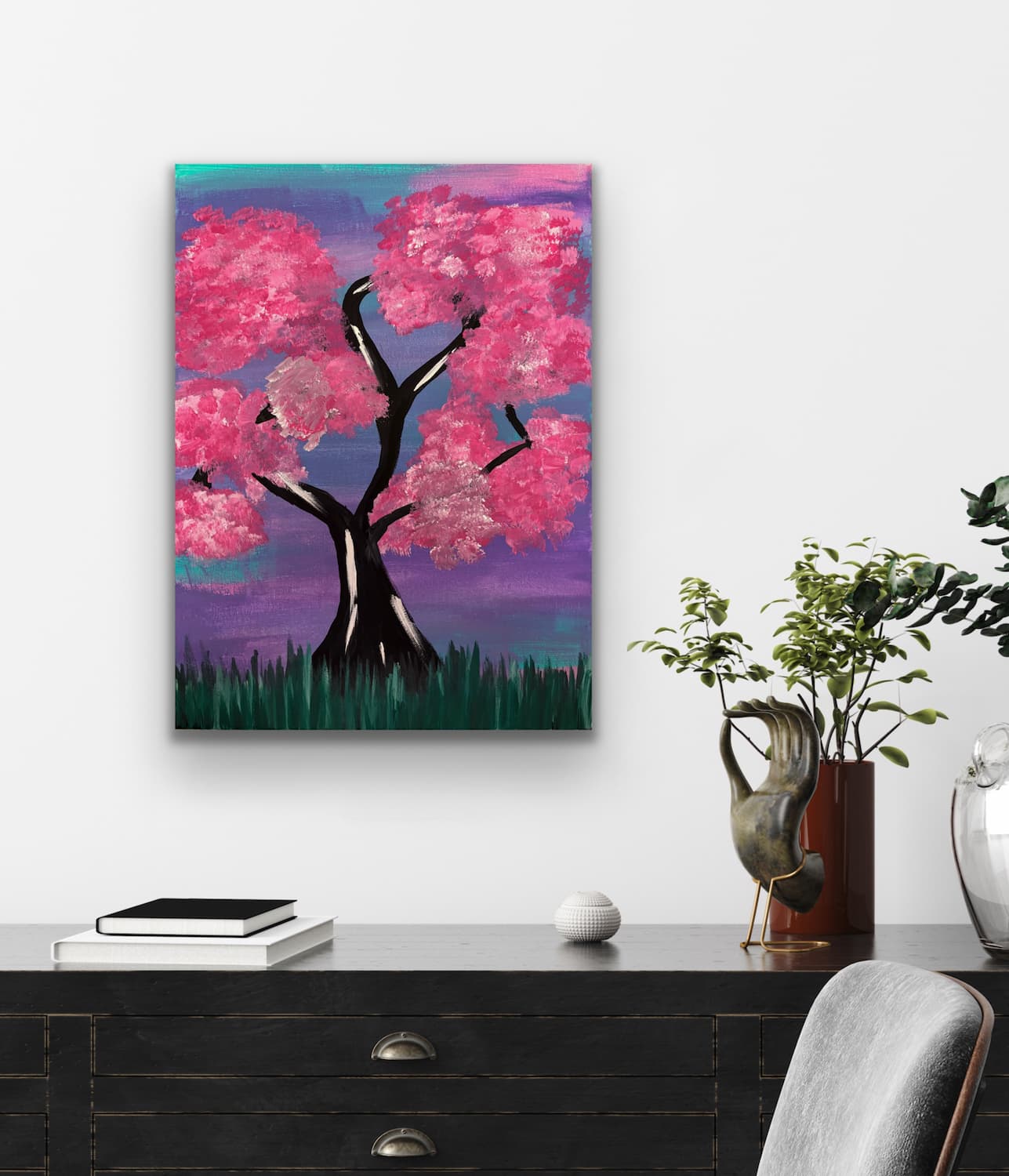 Heart Tree with Cherry Blossoms painting shown mocked up on a wall