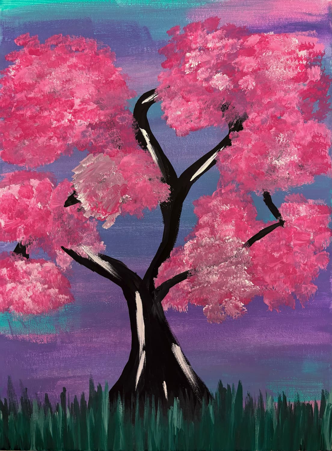 Acrylic painting of a heart-shaped tree with cherry blossoms