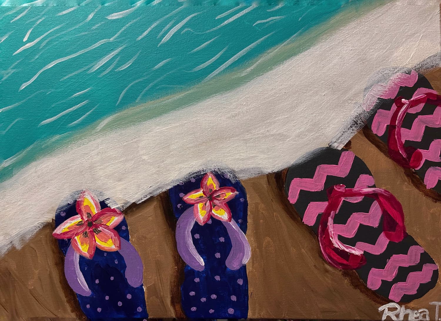 Flip Flops at the Shore — acrylic painting of flip flops on a wooden beach walkway, the piece that reignited Rhea's painting practice