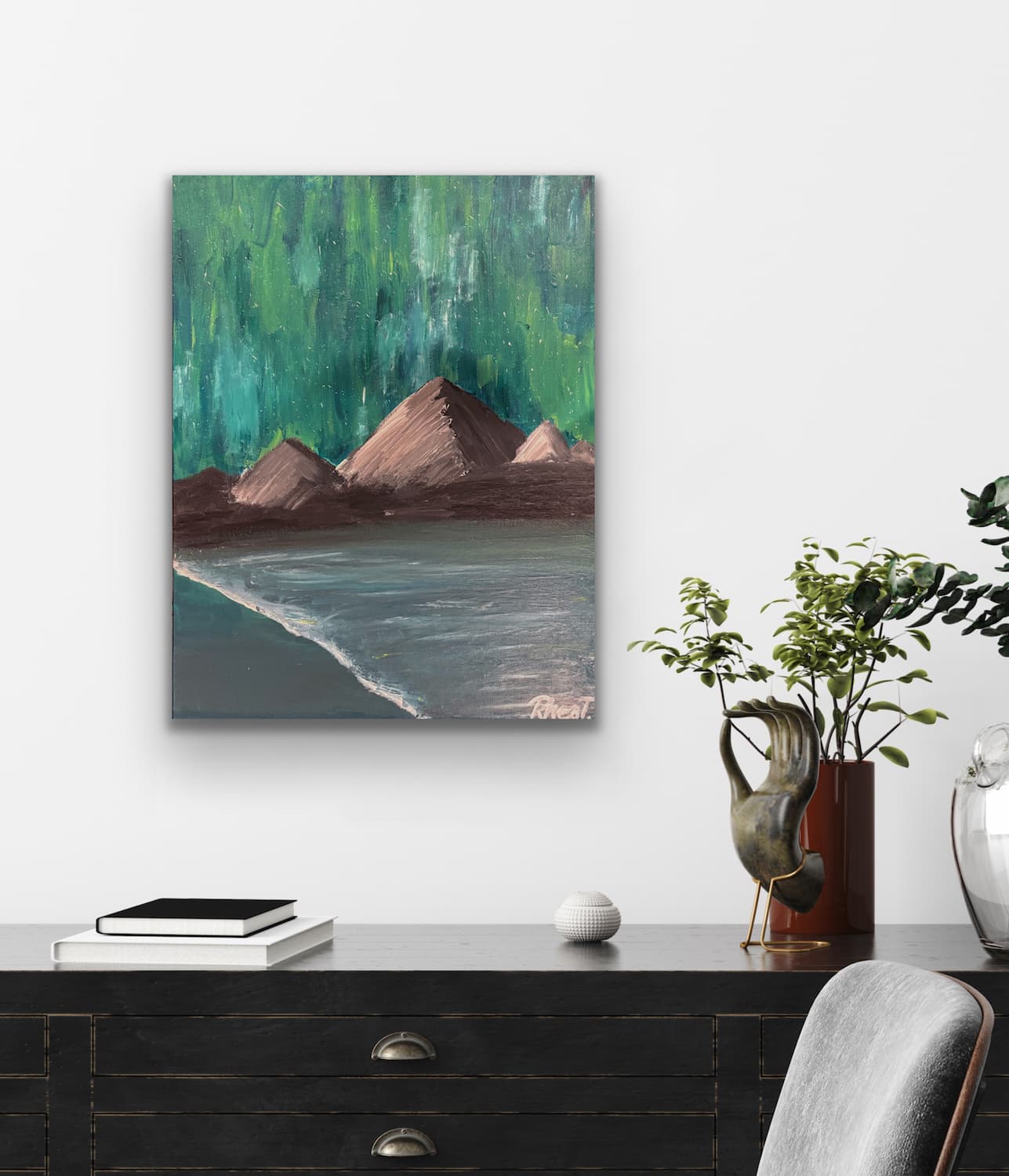 Northern Lights at the Lake painting shown mocked up on a wall
