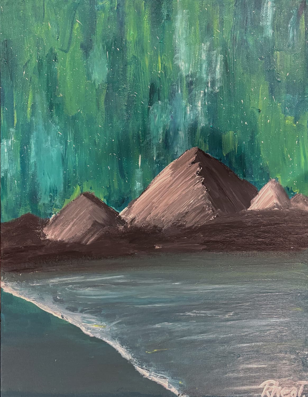 Acrylic painting of the Northern Lights over a lake