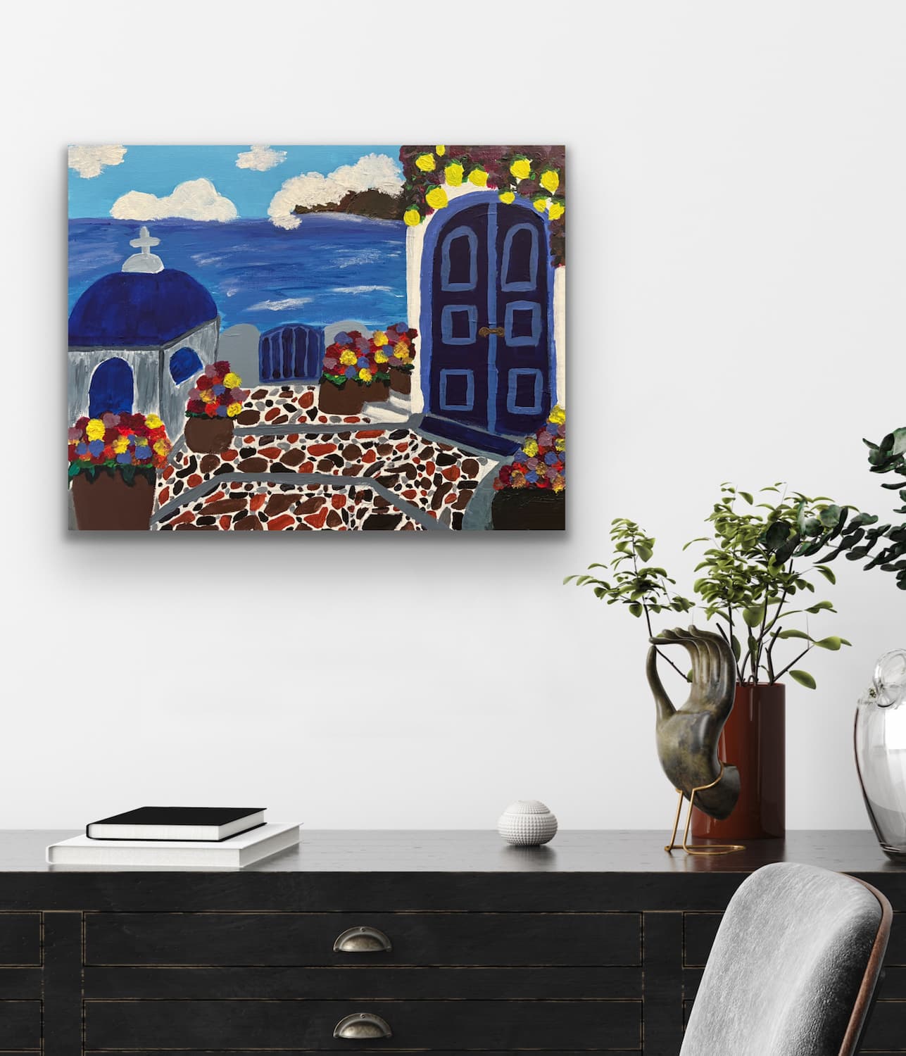 Santorini Villa painting shown mocked up on a wall