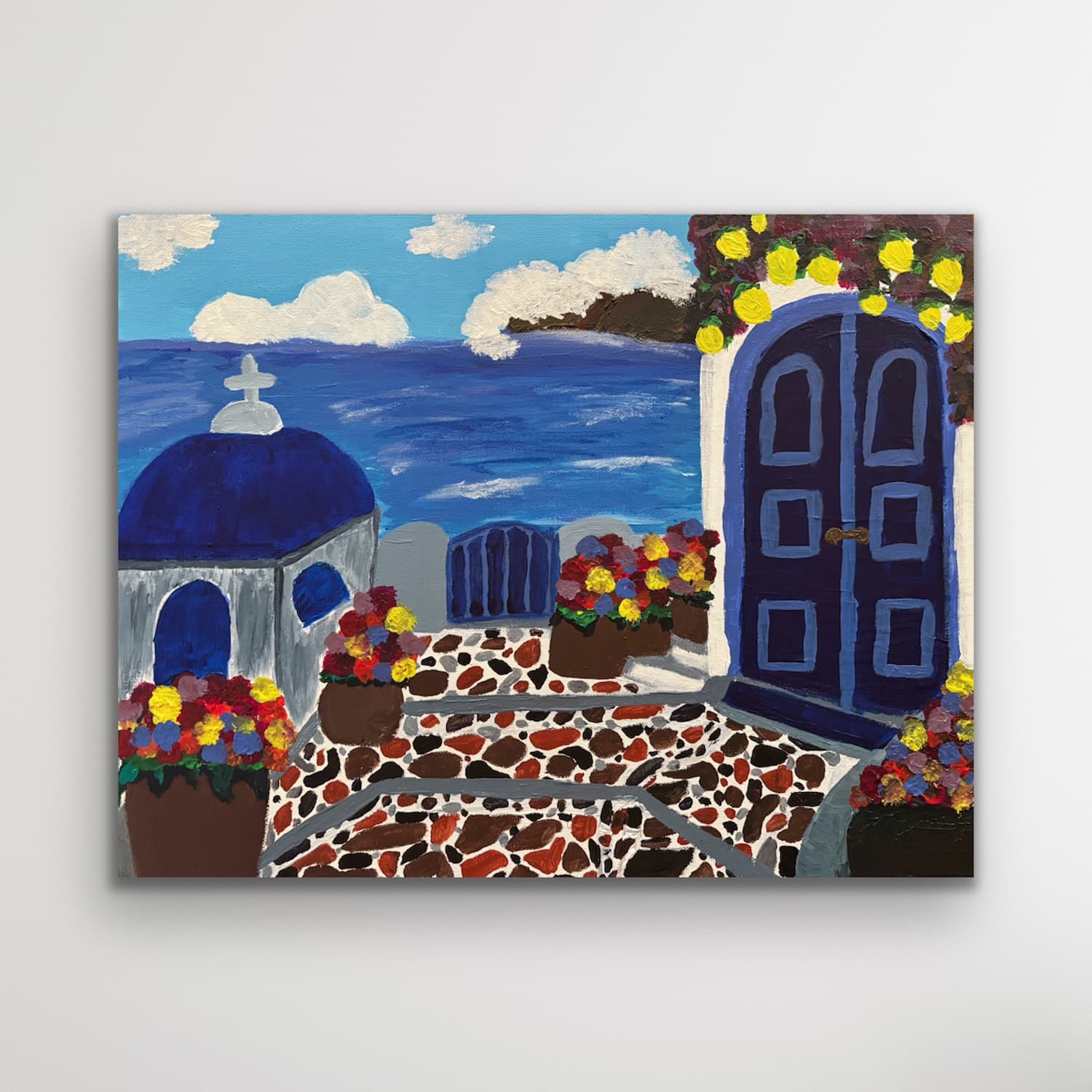 Santorini Villa painting shown on a clean white background