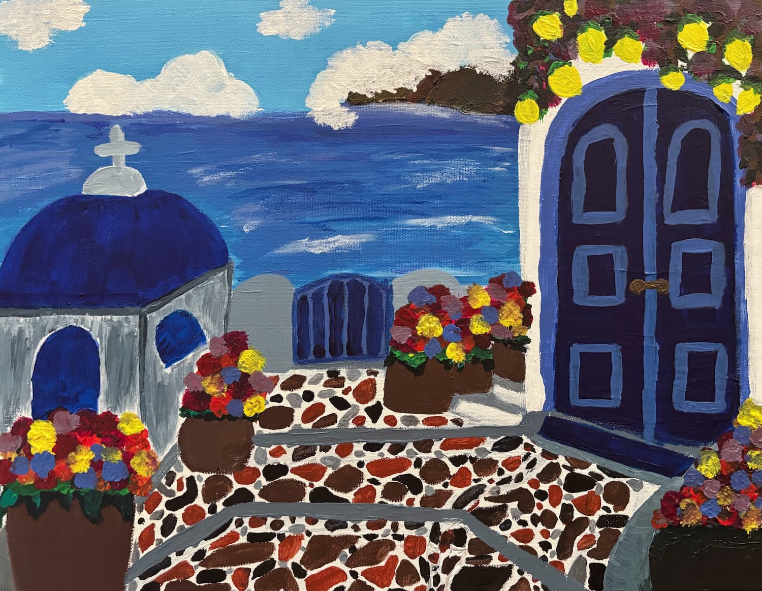 Acrylic painting of a Santorini villa with white and blue architecture