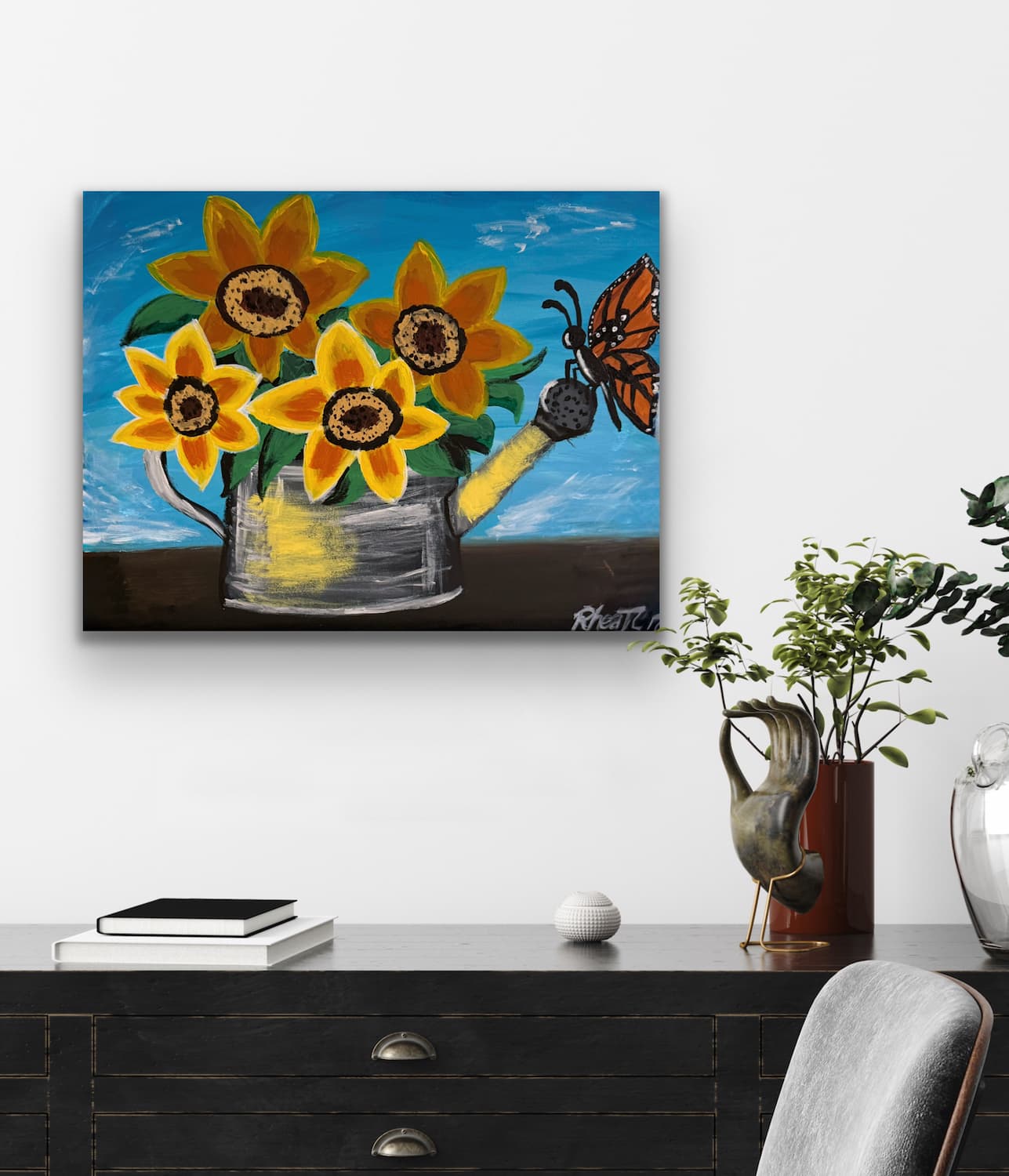 Sunshine in a Watering Can painting shown mocked up on a wall