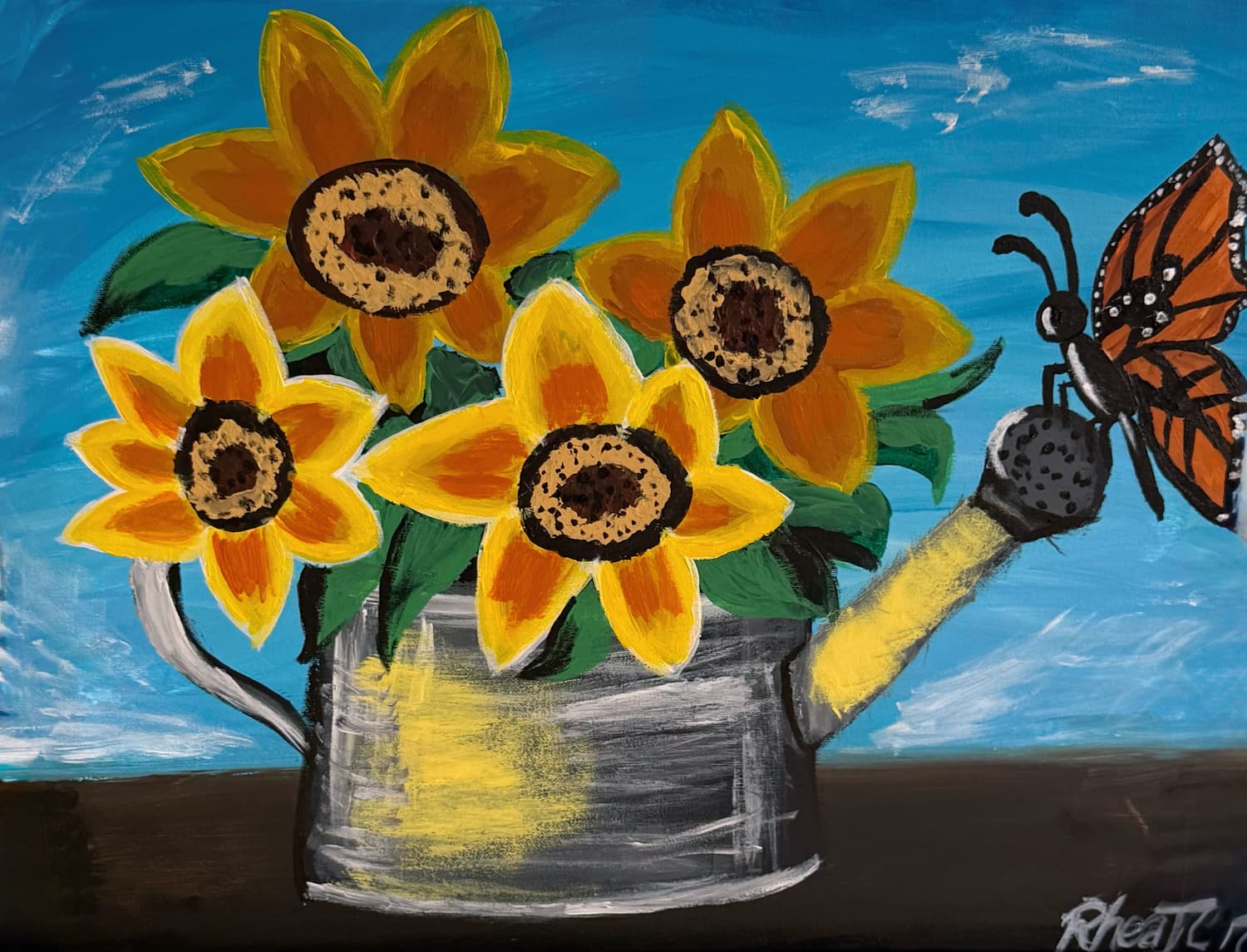 Acrylic painting of a watering can with sunshine and flowers