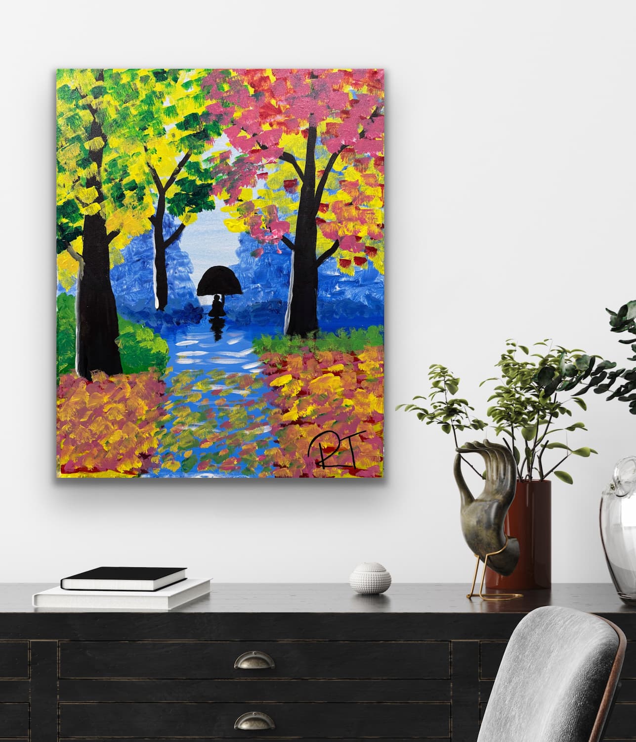Walking in the Rain painting shown mocked up on a wall