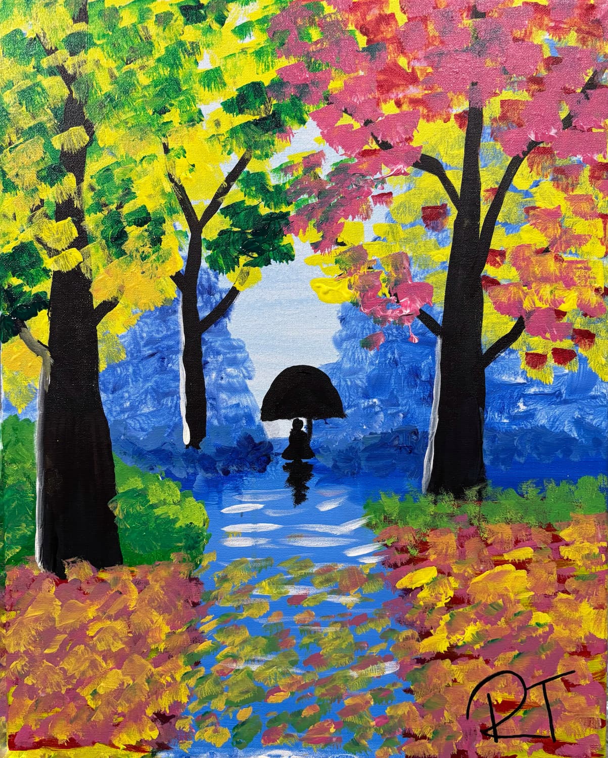 Acrylic painting of a figure walking in the rain